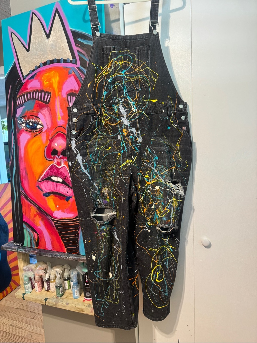 Hand Painted Distressed Oversized Baggy Denim Overalls Black 3XL Custom Art